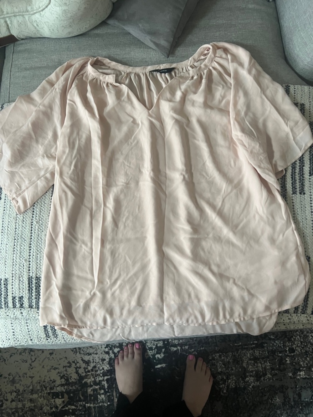 Light Blush Short Sleeve Women's Blouse - Relaxed Gathered Neck